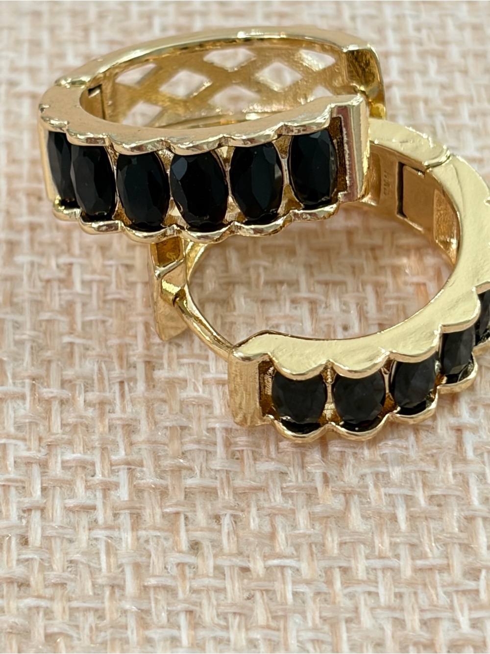 NEW Gold Plated Hoop Huggie Earrings with Black Stones